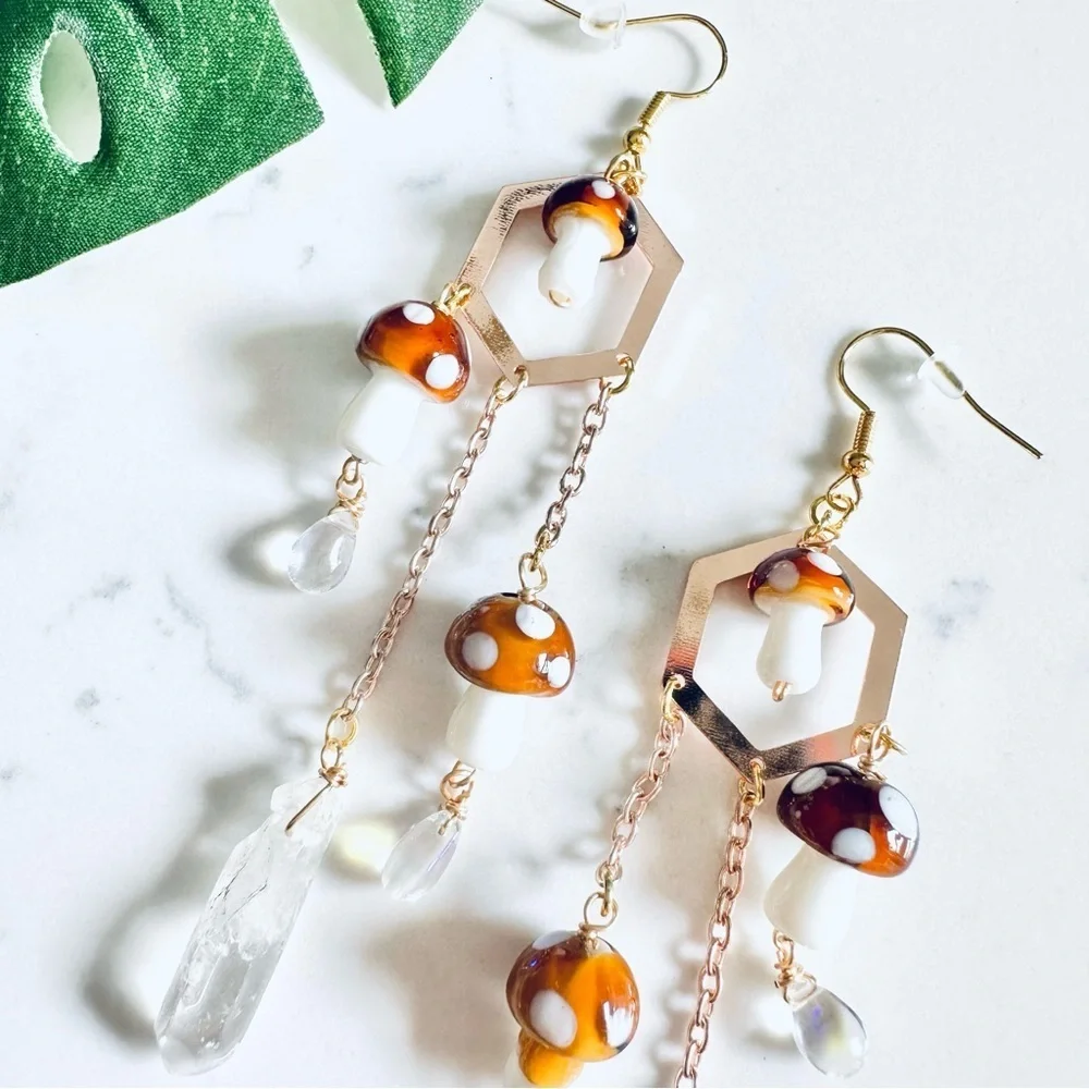 2/$30🌵 Mushroom Gold Chandelier Earrings Crystals Forest Hippie Boho Fairy NEW